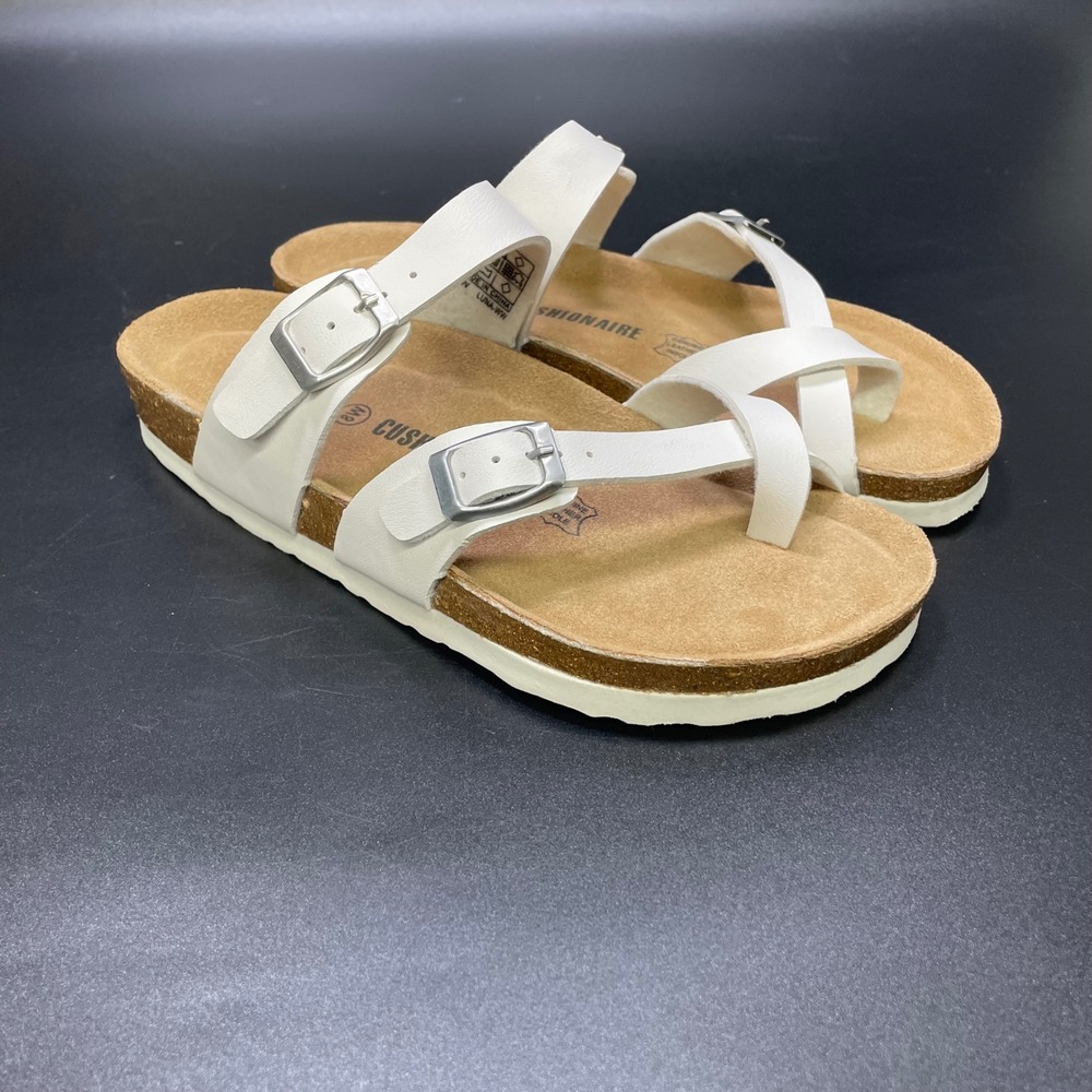 CUSHIONAIRE Luna Cork Footbed Sandal Women 8W Wide White Toe Loop Buckle Coastal